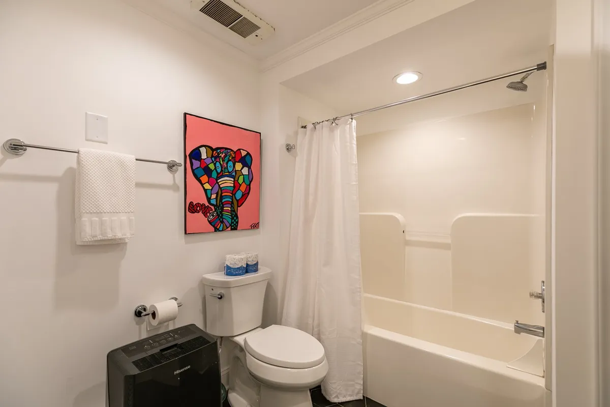 This image features a modern bathroom with colorful elephant artwork, fresh white towels, a sleek toilet, and a glass-walled shower area. The mood is bright, clean, and cheerful, emphasizing comfort and modern amenities.